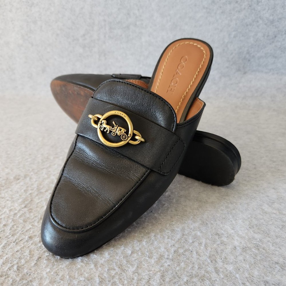 Coach Scotty Black Leather Slide-On Mule Flat Gold Carriage Chain-link - Picture 3 of 12